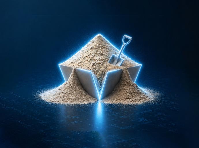 AI-generated image of sand pouring from a box, with a blue glow emanating from behind.