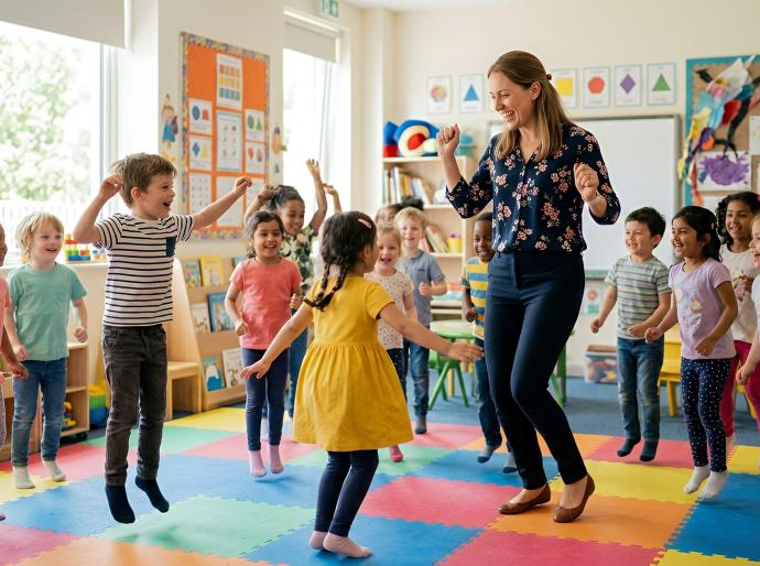 Energetic group of diverse young children and their female teacher dancing and playing in a brightly lit preschool classroom with colorful mats. 