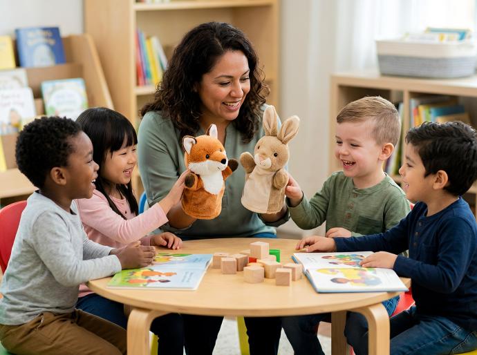 A smiling female teacher engages four diverse young children in a puppet show activity at a small round table in a bright classroom. 