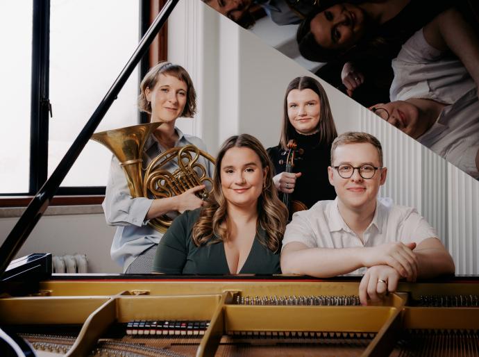 Montreal-based quartet featuring soprano Elizabeth Polese, violinist Katelyn Emery, French hornist Florence Rousseau, and pianist Christopher Gaudreault sitting at the piano