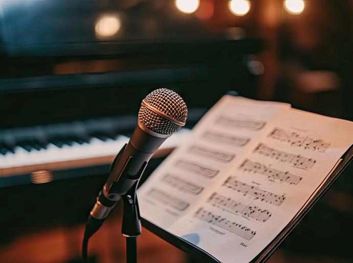  Downloaded A microphone on a stand with a sheet of music and a piano in the background, emphasizing the integration of vocal performance with musical composition.