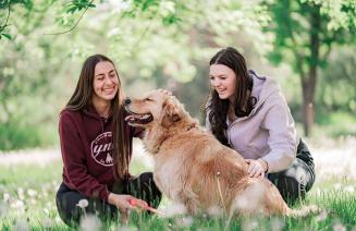 Students petting Mowgli the therapy dog outside on the grass under a tree