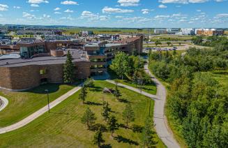 Aerial view of Grande Prairie Campus on a bright sunny summers day
