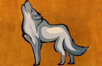 Closeup of a howling wolf painting on the rawhide of an traditional Indigenous hand drum