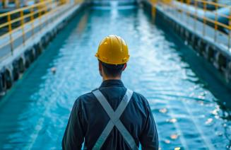 Water technician observing the clean wastewater in a treatment plant.