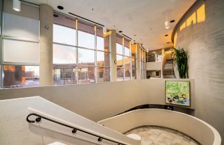 Stairwell and concourse at daybreak on the Grande Prairie Campus
