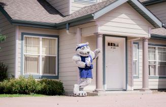 Farley, the Wolves mascot standing outside one of the on-campus residences on a sunny day