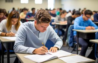Student concentrating on his exam in a hall with other students