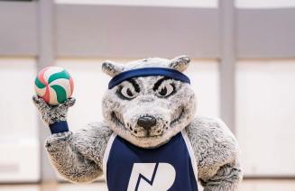 Farley the mascot is posing with a volleyball