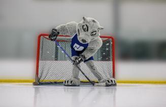 Wolves mascot, Farley on the ice holding a hockey stick with a puck in the foreground.