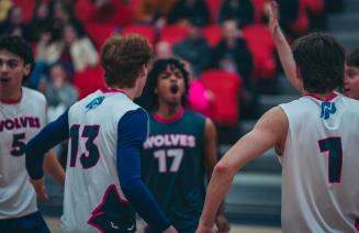 Mens wolves volleyball players celebrating in a huddle