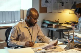 A focused researcher reading paperwork in a office with a research assistant in the background