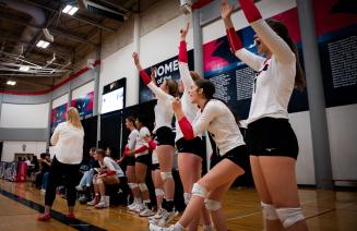 Women's volleyball players cheering from sidelines
