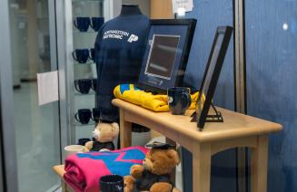 Merchandise display in the window of the NWP bookstore