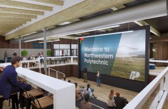 Rendering of the collaboratorium, an open plan auditorium area of the new Side Centre