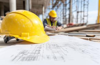 Hard hat sitting on work table with construction working looking at blueprints in background