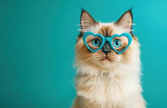 A fluffy cat wearing blue heart shaped glasses looking at the viewer