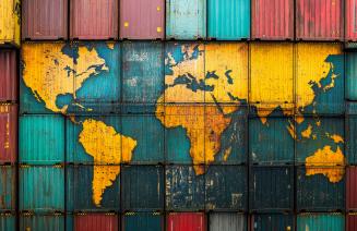 Map of the globe superimposed over the top of a colourful stack of shipping containers