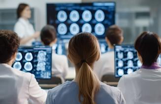 A group of radiology students sitting in front of computers in a classroom observing a set of xrays