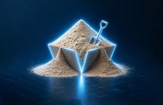 AI-generated image of sand pouring from a box, with a blue glow emanating from behind.