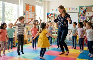 Energetic group of diverse young children and their female teacher dancing and playing in a brightly lit preschool classroom with colorful mats. 