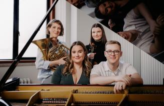 Montreal-based quartet featuring soprano Elizabeth Polese, violinist Katelyn Emery, French hornist Florence Rousseau, and pianist Christopher Gaudreault sitting at the piano