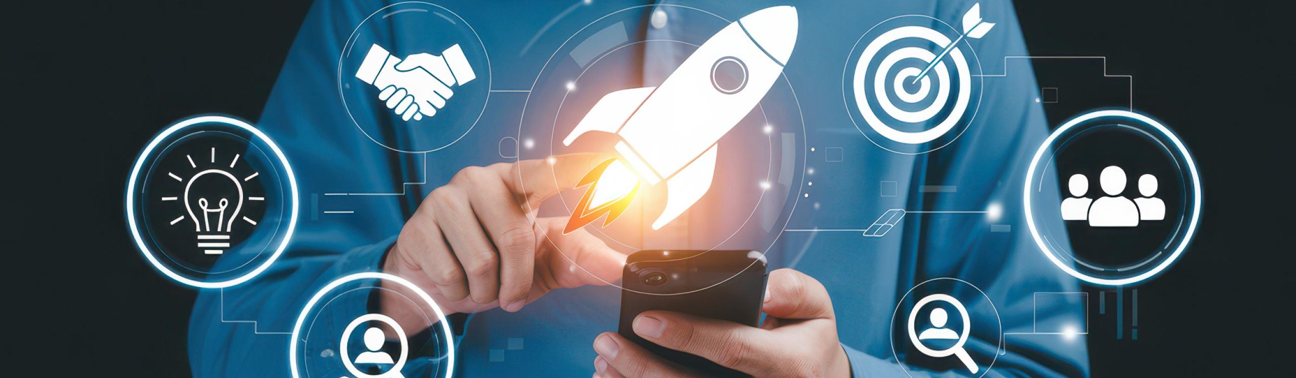 Businessman launching digital innovation with rocket and strategy icons.