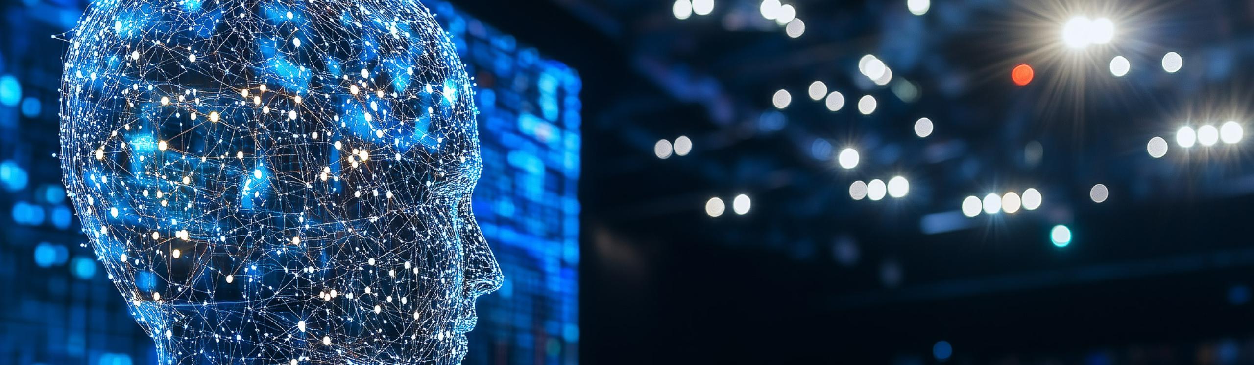 digital representation of human head filled with data points, symbolizing artificial intelligence and technology, displayed at conference