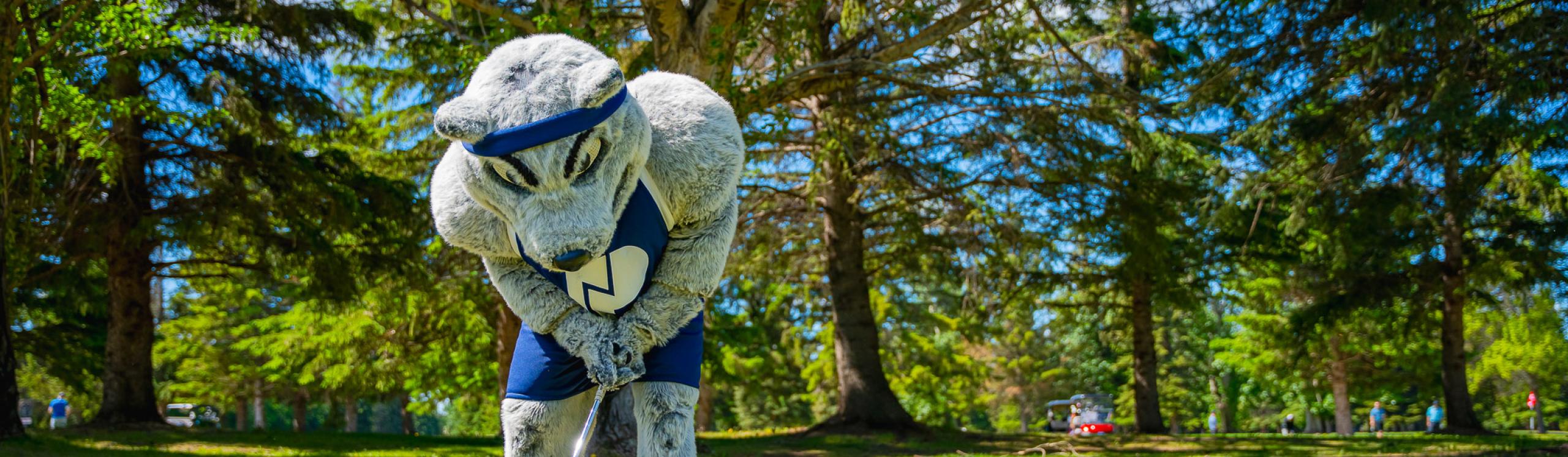 Wolves Athletics mascot Farley lining up to chip a ball onto the green
