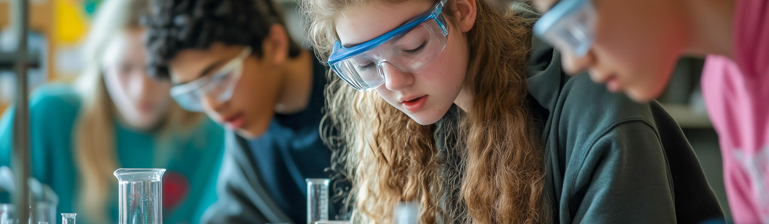 A groug of high school students wearing safety goggles, performing an experiment in a chemistry lab