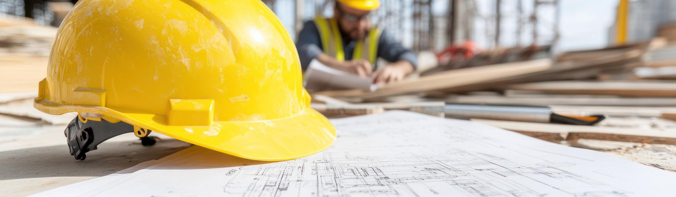 Hard hat sitting on work table with construction working looking at blueprints in background