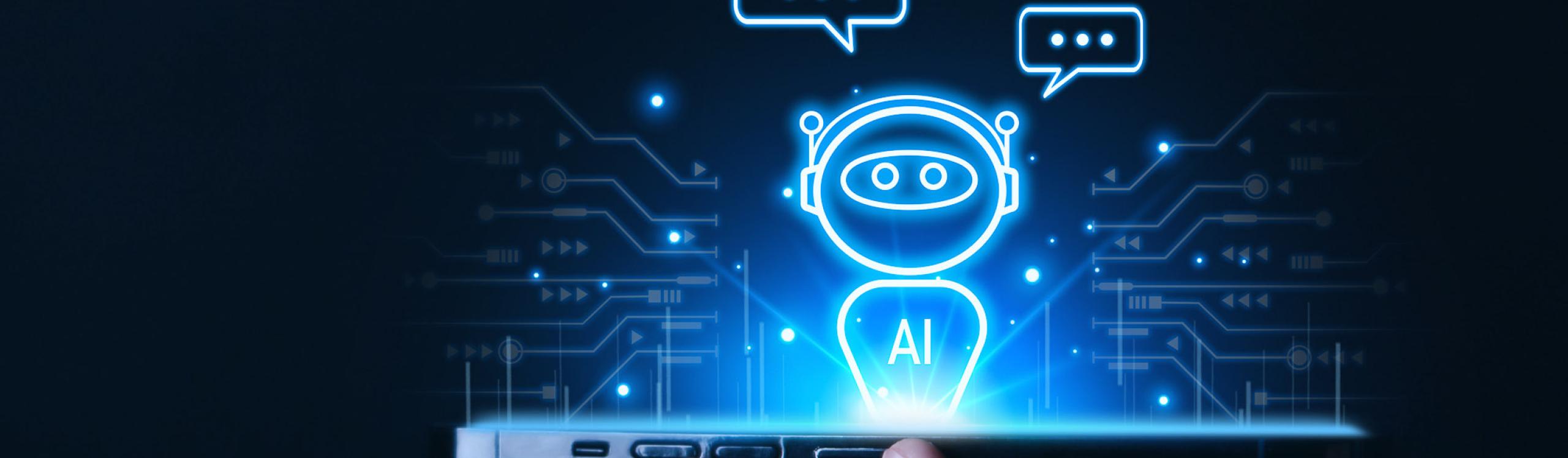 An illuminated smartphone projecting an illustration of an AI chat bot and related graphics