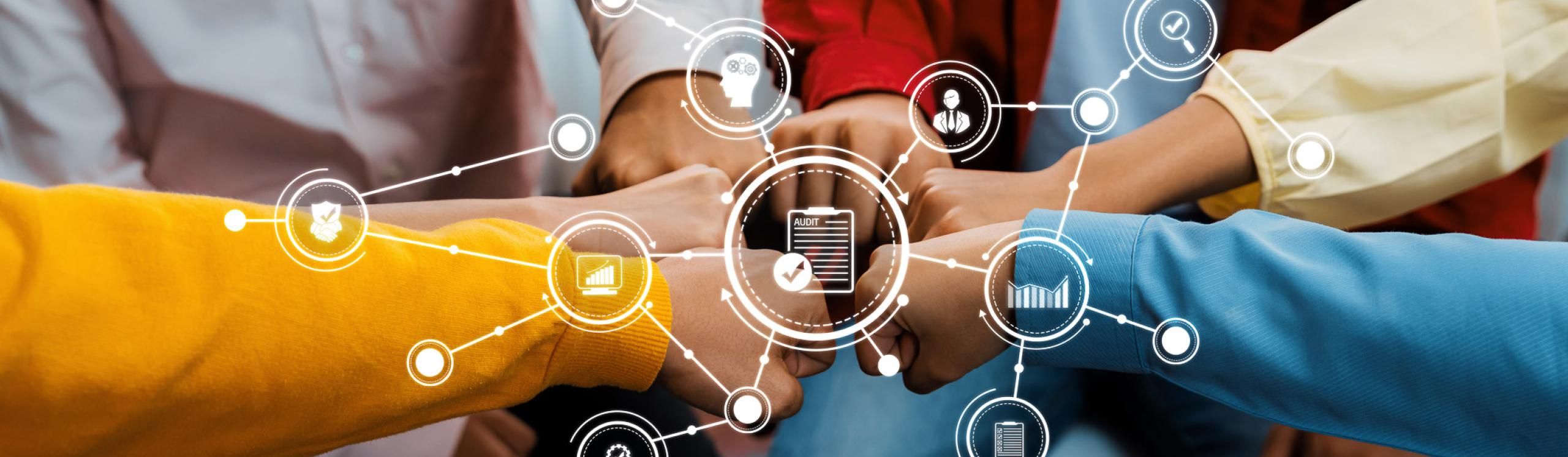 Startup company employee team stacking hand together symbolize successful group of business partnership and strong collective unity teamwork in community workplace in panoramic banner.