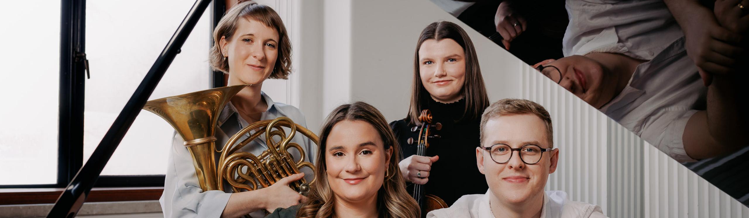 Montreal-based quartet featuring soprano Elizabeth Polese, violinist Katelyn Emery, French hornist Florence Rousseau, and pianist Christopher Gaudreault sitting at the piano